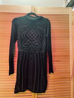 Black Long-Sleeve Studded Bodycon Dress, Size L